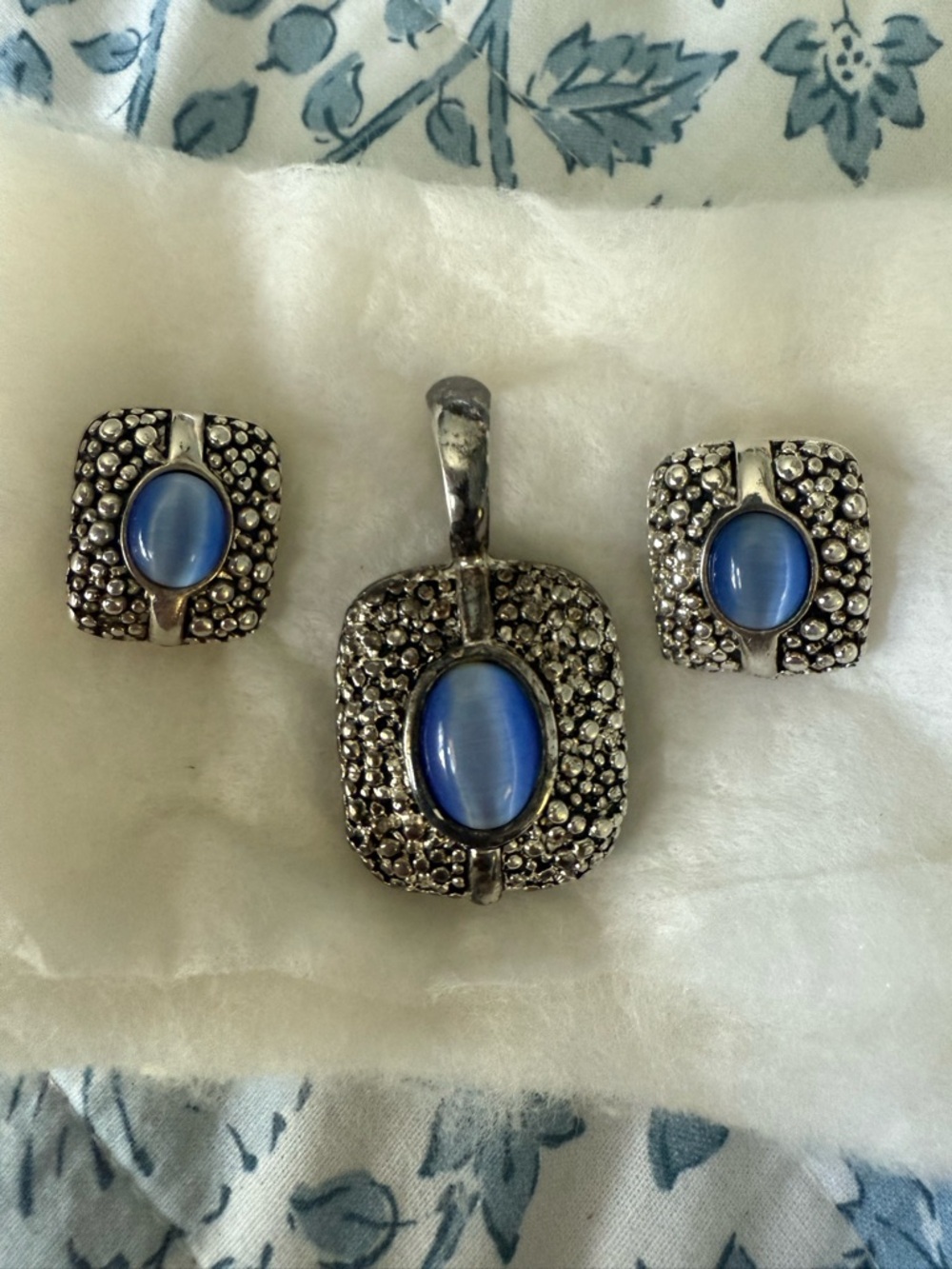 Premiere Jewelry Brand Blue Stone Silver-Tone Pendant and Clip on Earrings Set